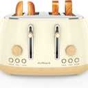 Toaster 4 Slice,Retro Stainless Steel Toaster with Extra Wide Slots Cancel, Bagel, Defrost Function, Dual Independent Control Panel, Removable Crumb Tray and High Lift Lever (Beige)