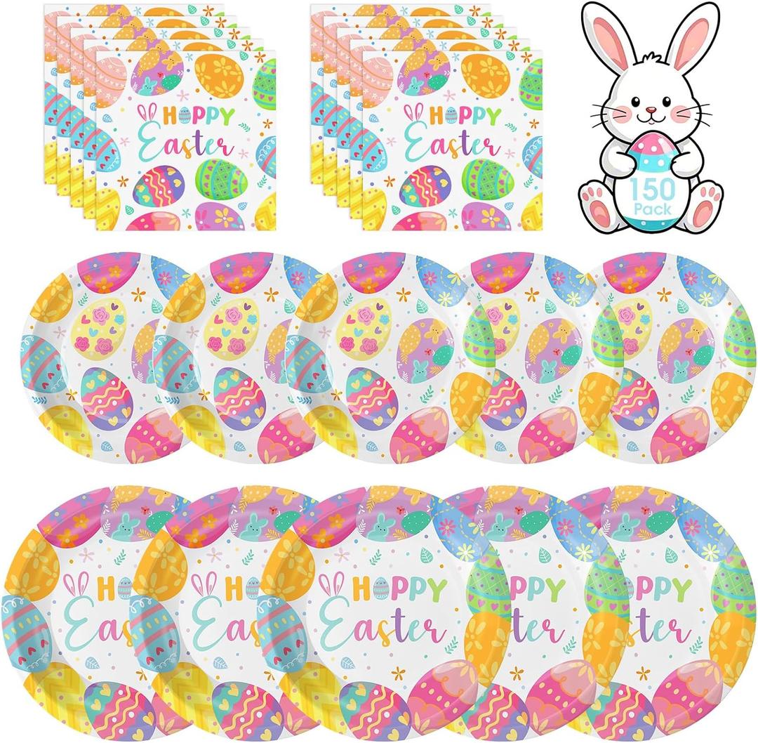 150 Pack Easter Party Supplies Set, Happy Easter Dinnerware Set Includes Heavy Duty Dessert Dinner Plates and Luncheon Napkins for Spring Birthday Party Decorations Table Decor, Serves 50