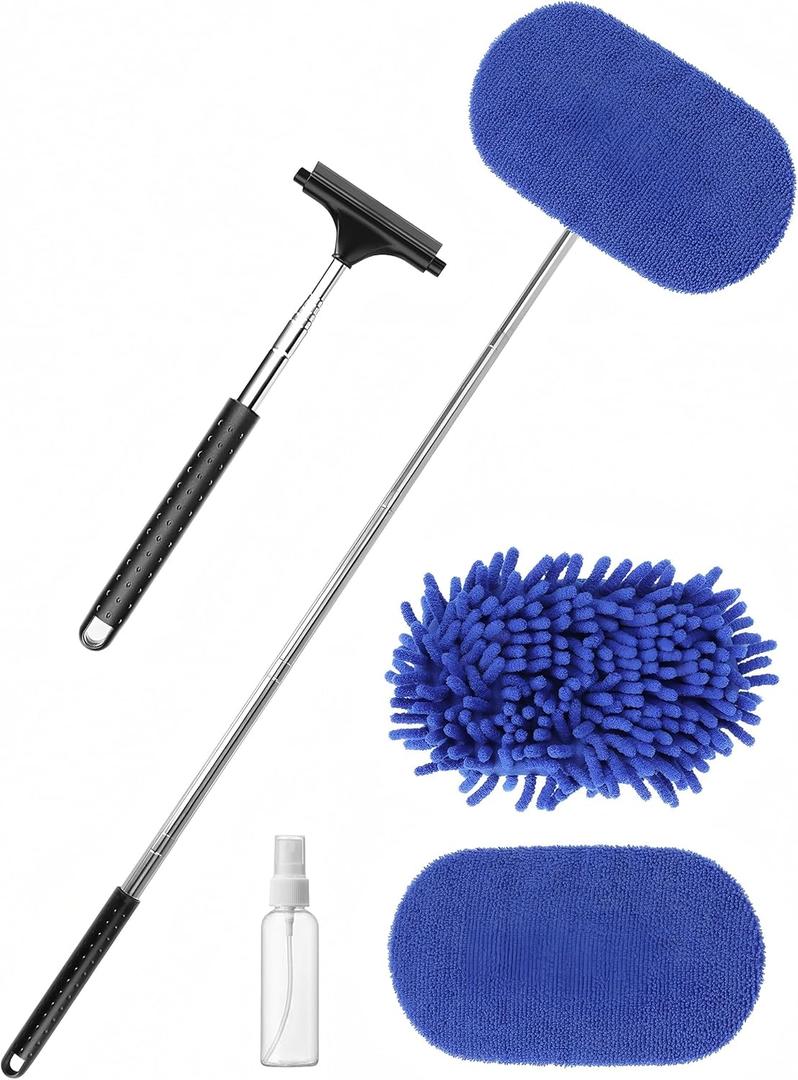 3 in 1 Car Windshield Cleaner Tool 40Car Rearview Mirror Wiper Squeegee Wash Brush Extra Large Washable Microfiber Pad Extendable Handle Auto Window Glass Cleaning Kit Interior Exterior Dusting