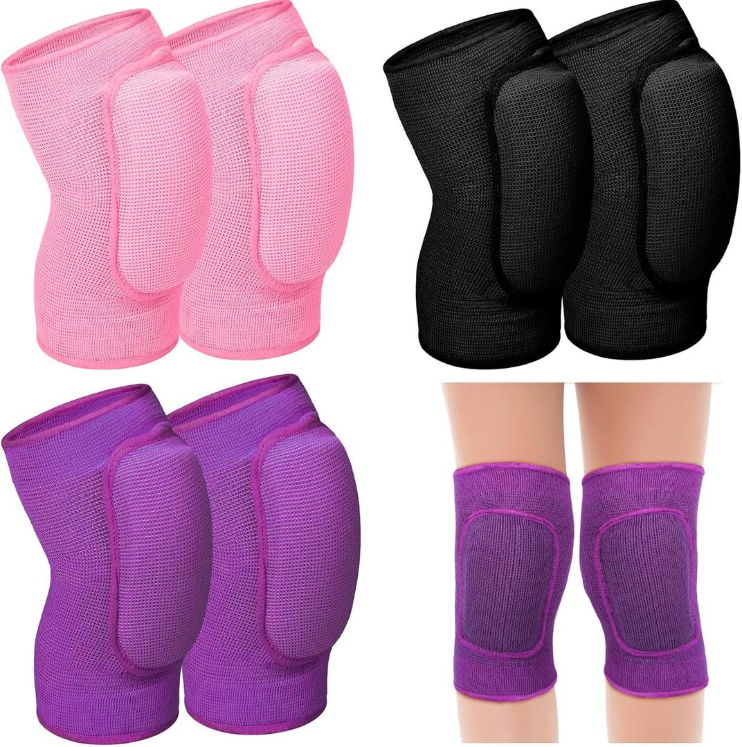 Hungdao 3 Pairs Volleyball Knee Pads for Kids Soft Breathable Brace Non Slip Padded Sponge Knee Support for Girls Boys Dance, Football, Skating, Running, Youth Sports (Small, Pink, Purple, Black)