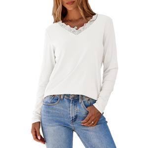 Dokotoo T Shirts for Women Casual Long Sleeve V Neck Lace Trim Tops Lightweight Solid Color Basic Tees Blouses (White, XXL)