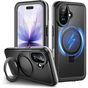 Lanhiem Magnetic for iPhone 17 Waterproof Case, Dustproof Case Built-in Screen Protector, [Fit for MagSafe] [Invisible Stand] Shockproof Heavy Duty Underwater Case for 17(Black)