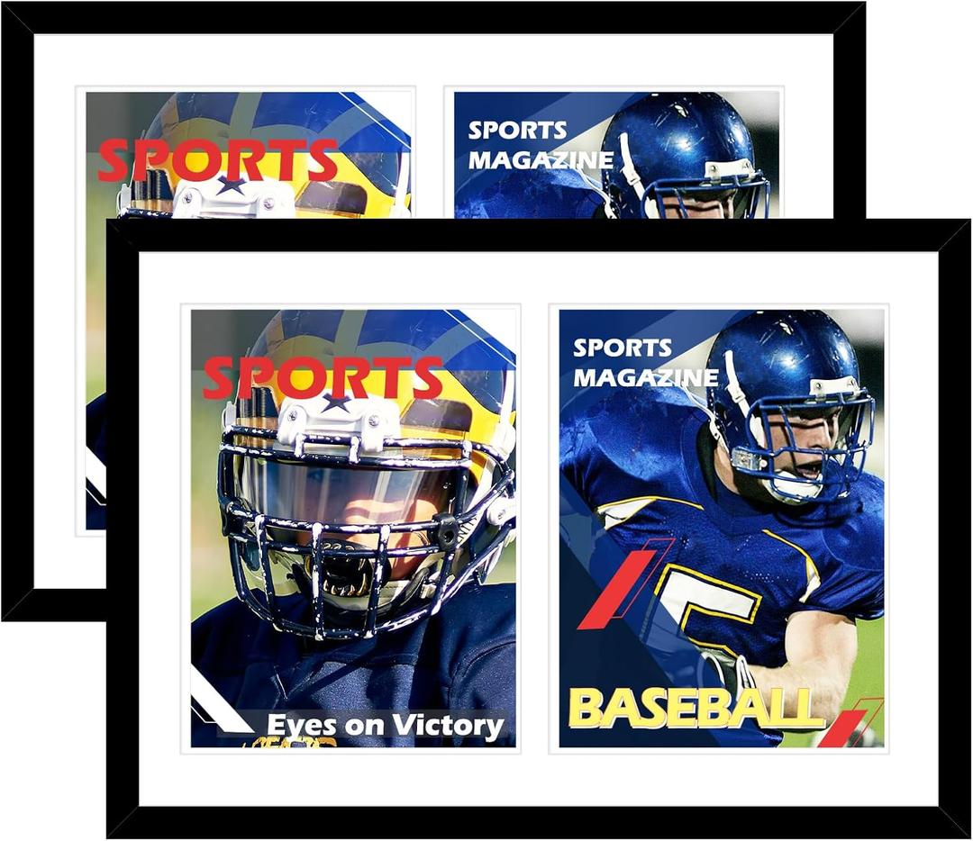 2 Pack 14x20 Double Sports Magazine Frame Display Two 8.5 x 11.25 or 8.25 x 11 Magazines with 2 Sizes Mat, or 14x20 Photos without Mat, Magazine Display Frame with Plexiglass for Wall Hanging, Black