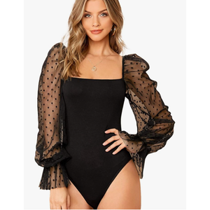 WDIRARA Women's Polka Dots Sheer Dobby Mesh Square Neck Long Sleeve Skinny Bodysuit, size L
