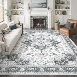 Washable Area Rug 8x10, Area Rugs Stain Resistant Neutral Washable Rugs for Living Rooms Bedroom Vintage Non-Slip Thin Large Size Area RugGrey