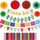 Tatuo 39 Pcs Cinco De Mayo Taco Bar Decoration Kit, Mexican Fiesta Party Decor, Taco Bar Cactus Banner Garland Serape Table Runner Fiesta Paper Fan Mexicano Picado Banner for Party Supplies (Rose Red)