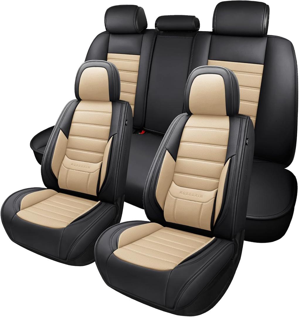 MINGBRON Car Seat Covers Full Set, Brown Car Seat Cover Lumbar Support, Car Seat Protector Waterproof, Nappa Leather Car Seat Cushion, Front Seats and Back Fit for Most Cars Beige