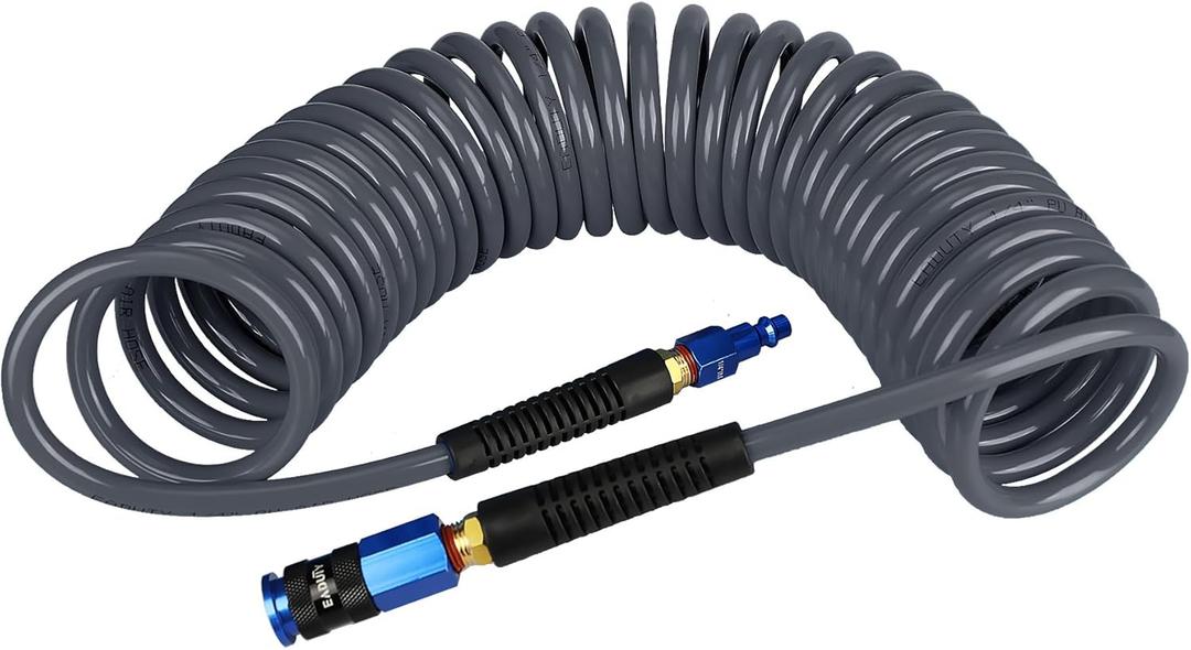 Heavy Duty Polyurethane Recoil Air Hose 1/4 in x 25 ft, Lightweight, Flexible Compressor Hose with Universal Quick Coupler, Plug and Bend Restrictors, Gray