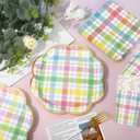Whaline 72Pcs Easter Spring Party Supplies Pastel Plaid Disposable Dinnerware Set Colorful Checkered Scalloped Paper Napkins Plates Cups for 24 Guests Tableware Decor