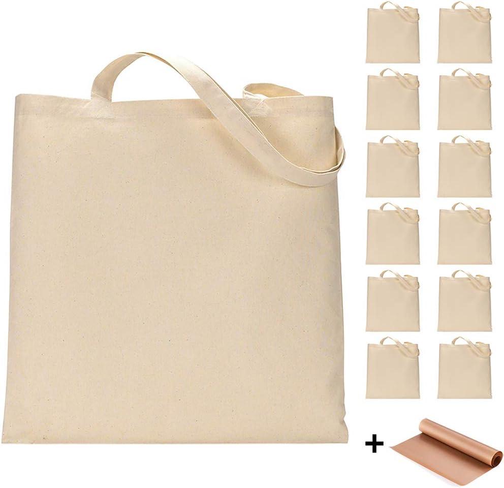 FunisFun 12 Pack Blank Canvas Tote Bags Bulk Reusable Shopping Grocery Bag for Crafts with a PTFE Teflon Sheet DIY (White)