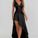 LAGSHIAN Women's Summer V Neck Sleeveless Bodycon Ruched Irregular Hem Cocktail Party Satin Flowy Maxi Dress (Blue, XL)