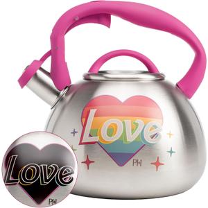 Paris Hilton Whistling Stovetop Tea Kettle, Stainless Steel with Rainbow Love Color Changing Heat Indicator Design, Soft Touch Handle, 2.5-Quart, Love Rainbow