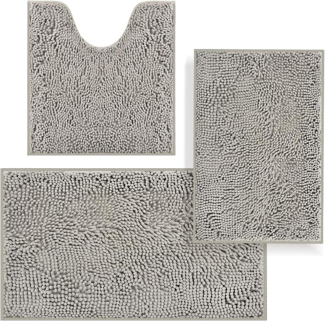 Bathroom Rugs Sets 3 Piece, Bath Mats for Bathroom Non Slip, Thick Chenille Bath Rug, Soft and Absorbent Shaggy Bathroom Mat Set, Machine Wash & Quick Dry Durable Carpet for Bath, Kitchen, Dry Grey (16"x24"+20"x32"+U Shape 20"x20")