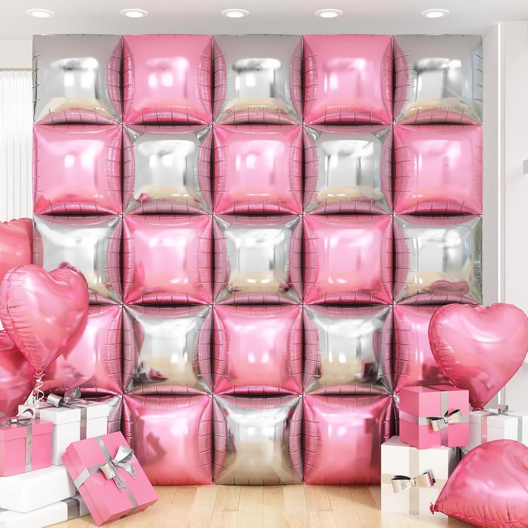 Pink Silver Square Foil Balloon Wall,25Pcs Double Sided Balloons Backdrop Helium Balloon Tunnel Arch Garland Kit for Christmas Birthday Bridal Anniversary Baby Shower Party Decorations