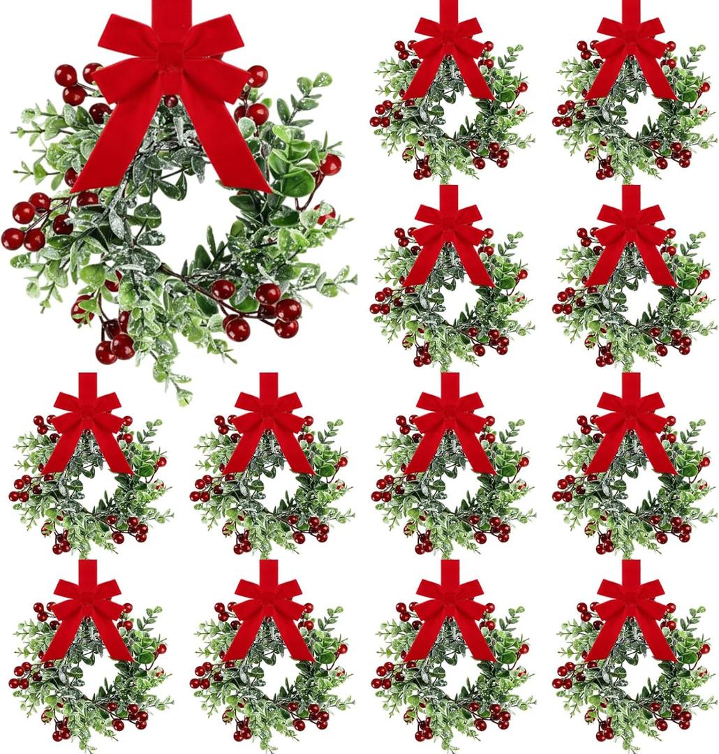 12 Pieces 9" Mini Christmas Wreaths for Kitchen Cabinet Small Christmas Candle Rings Eucalyptus Wreath Pillar Candle Rings Table Centerpieces Hanging Garlands for Front Door Window Decor (Red Berry)