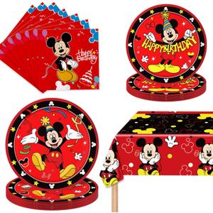 Mickey Party Supplies 41Pack include 20 plates, 20 napkins 1 tablecloth for birthday party Decoration (red2)