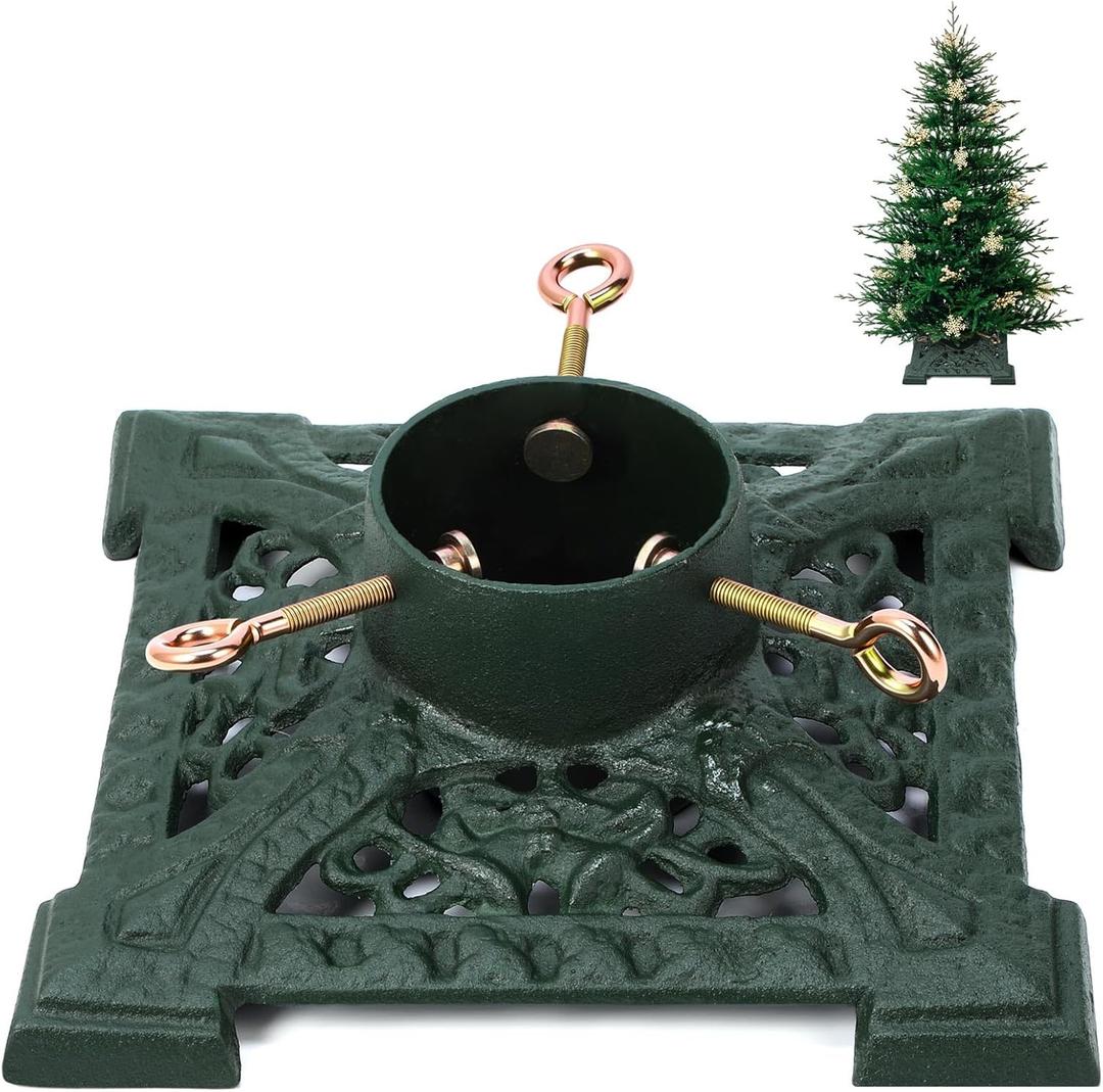 Huwena Christmas Tree Stand with Water Reservoir 8ft Christmas Tree Holder Real Xmas Artificial Trunks Stand Fits Up to 5" Pine Holder Base Cast Iron for Xmas Rustic Decoration Square(Green,Elegant)