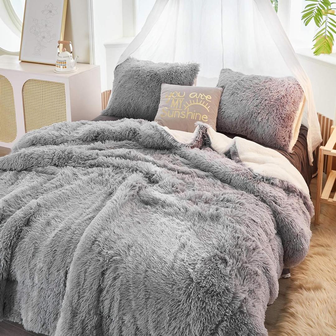 Flysheep Luxury Faux Fur King Size Winter Comforter Set Shaggy Velvet Gray Long Hair, 3 Pieces Plush Flannel Sherpa Backing Reversible Soft Microfiber Super Warm Bedding Set for Holiday (King-100"x86", Grey)