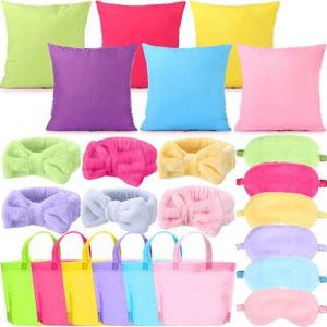 24 Pieces Spa Sleepover Party Supplies for Girl 6 Pcs Spa Headband 6 Plush Sleep Eye Mask 6 Pcs 18'' x 18'' Velvet Throw Pillow Covers 6 Tote Bags for Slumber Sleepover Party Favor (Colorful)