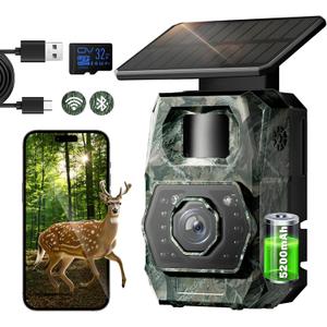Solar Trail Camera WiFi Bluetooth - Game Cameras with Night Vision Motion Activated Waterproof, Rechargeable Trail Cam with 5200mAh Battery Deer Camera Hunting Wildlife Cameras for Outdoor Backyard (Green)