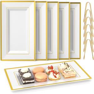 6 Sets Plastic Serving Trays with Serving Tongs, White & Gold Rim Disposable Plastic Serving Platters for Food Fruit Dessert Tea Party Wedding