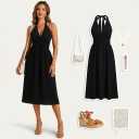 Womens Halter Neck Deep V-Neck Midi Dress with Built-in Bra Pockets Backless Tie Waist Sleeveless A-Line Dresses (Black)