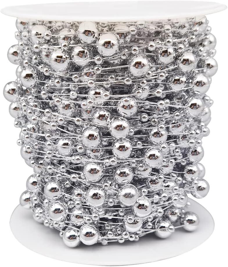 INSPIRELLE 99 Feet Silver Christmas Tree Beads Artificial Pearls Garland Chain Plastic Bead Roll for DIY Christmas Wedding Decoration