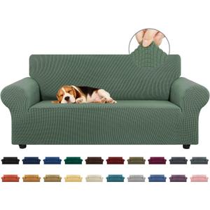 KEKUOU Stretch Loveseat Sofa Cover Slipcover, Couch Covers for 2 Cushion Couch Sofa (55"-78") Furniture Protector Sofa with Elastic Bottom for Kid,Dog. Jacquard Small Checked (Medium, Greyish Green)