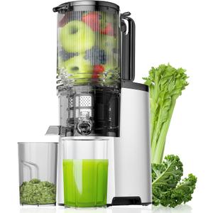 Cold Press Juicer, 5.8" Wide Feed Chute Juice Extractor Machine with 400W, High Juice Yield, Slow Masticating Juicer for Whole Vegetables & Fruits, Metallic Silver