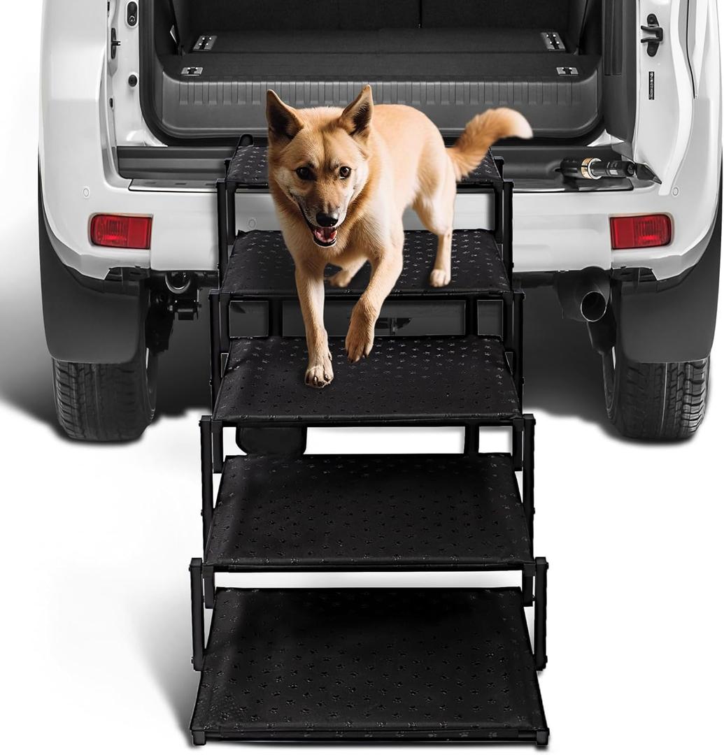 Extra Wide Dog Stairs for Car - Foldable Dog Ramps for Large Dogs with Non Slip Surface, Portable Dog Steps for Cars and SUV, Truck, Support Up to 250 Lbs (Black)