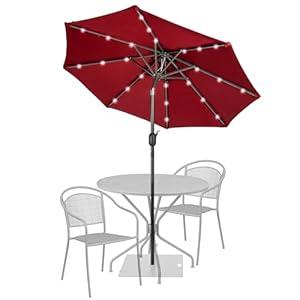 Sundale Outdoor 9FT 32 LED Lighted Patio Umbrella with Solar Powered, Table Market Umbrella with Crank & Push Button Tilt for Garden, Deck, Backyard, Pool, 8 Steel Ribs(Red)