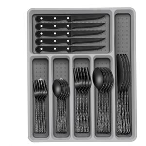 49-Piece Black Silverware Set with Organizer, Stainless Steel Tree Pattern Black Flatware for 8, Cutlery Utensil Sets with Steak Knives, Rust-proof, Mirror Polished, Dishwasher Safe