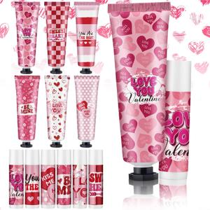 Loopeer 6 Sets Valentine's Day Hand Cream Lip Balm Gifts Bulk Galentine's Day Gift Valentine Party Favor Moisturizing Heart Hand Lotion Bulk Mini Dry Cracked Care Cream for Women Teacher Coworker