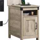 WLIVE Farmhouse End Table with Charging Station, Narrow Side Table for Living Room, Bedroom, Small Nightstand with Storage, USB Ports and Outlets, Small Wooden Cabinet, Greige