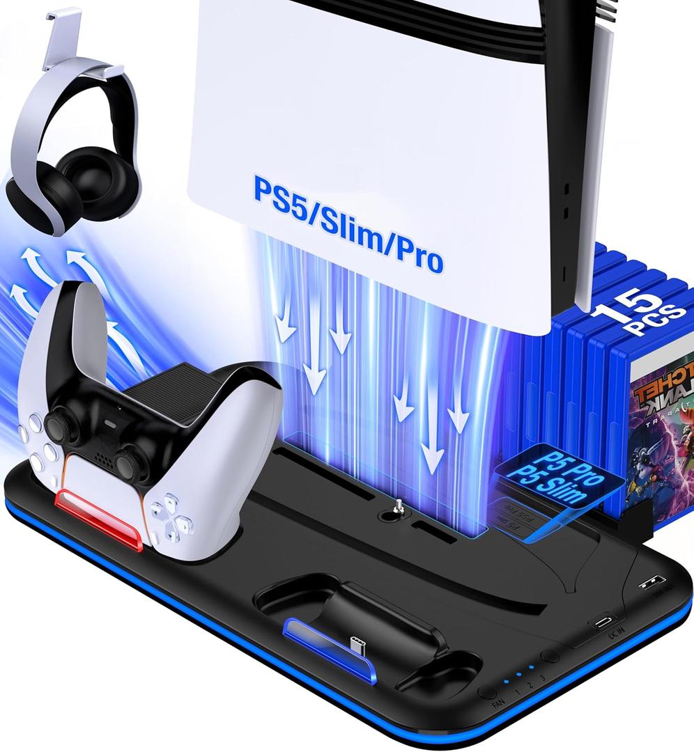 PS5/Slim/Pro Stand and Cooling Station with Controller Charging Station for PlayStation 5 Slim/Pro Console, PS5 Controller Charger, Cooling Stand, LED Light, Headset Holder for PS5 Accessories
