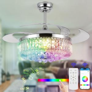 48" Crystal Ceiling Fan with Lights and Speaker,Chrome Retractable Ceiling Fans with Remote Control,RGB Fandelier Chandelier Fan with 6-Speed Reversible Blades,APP Control