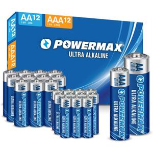 Powermax Alkaline Batteries 24-Count Combo Pack, (12 Double AA, 12 Triple AAA), Ultra Long Lasting Battery for Home and Office, 10-Year Shelf Life, Reclosable Packaging