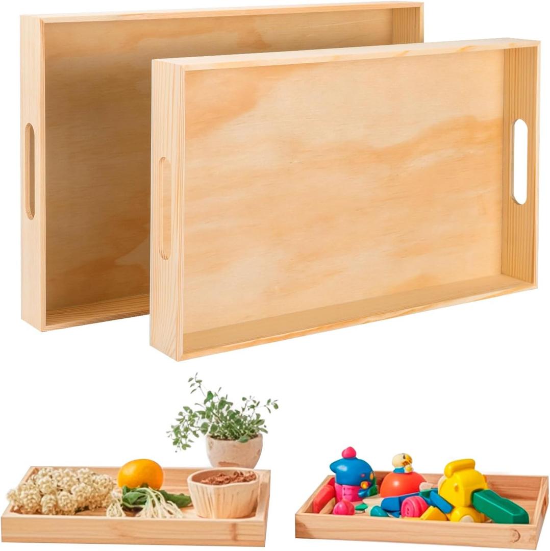 Wooden Serving Trays with Handle - 2 Pieces Unfinished Wood Nested Breakfast Food Serving Trays for Craft Kids Montessori Snacks Home Decor Kitchen Party Dinner
