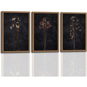 3Pcs Framed Moody Dried Flower Canvas Wall Art For Bedroom Dark Vintage Floral Framed Wall decor Rustic Aesthetic Botanical Art Prints for Living Room Bathroom,Bedroom Dining Room 16x24 in