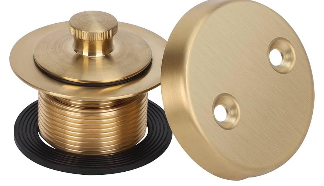 PRIMSOPH Lift Turn Tub Drain Trim Kit with Two Hole Overflow Faceplate Conversion Kit Assembly Universal Fine Coarse Thread Replacement Brushed Gold