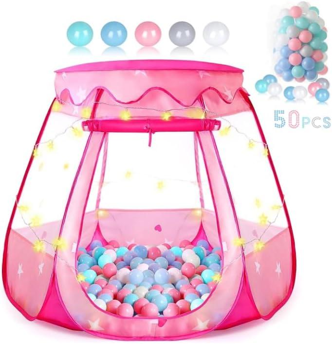 Baby Ball Pit for Toddler with 50 Balls, Pop Up Princess Tent with Star Lights for 1 2 3 Year Old Birthday Gift, 12-18 Months Baby Girl Toys with Carrying Bag, Indoor&Outdoor Play Tent for Kids (Pink)