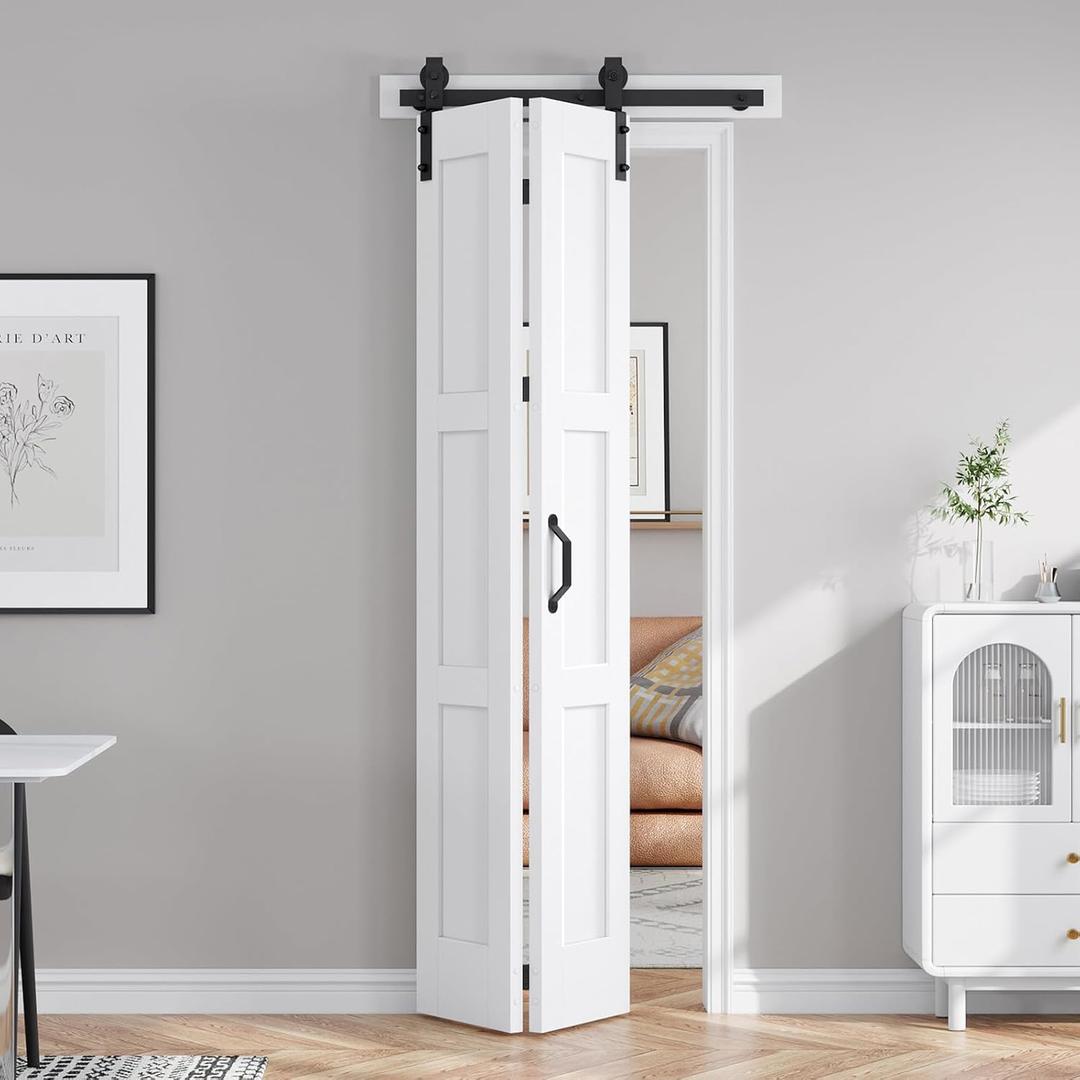 FREDBECK 24X84(Double 12x84) White Bifold Door Sliding Folding Barn Doors Double with 28" Hardware Kit & Handle,Solid MDF Door with Water-Proof PVC Surface for Closet,Assembly Required