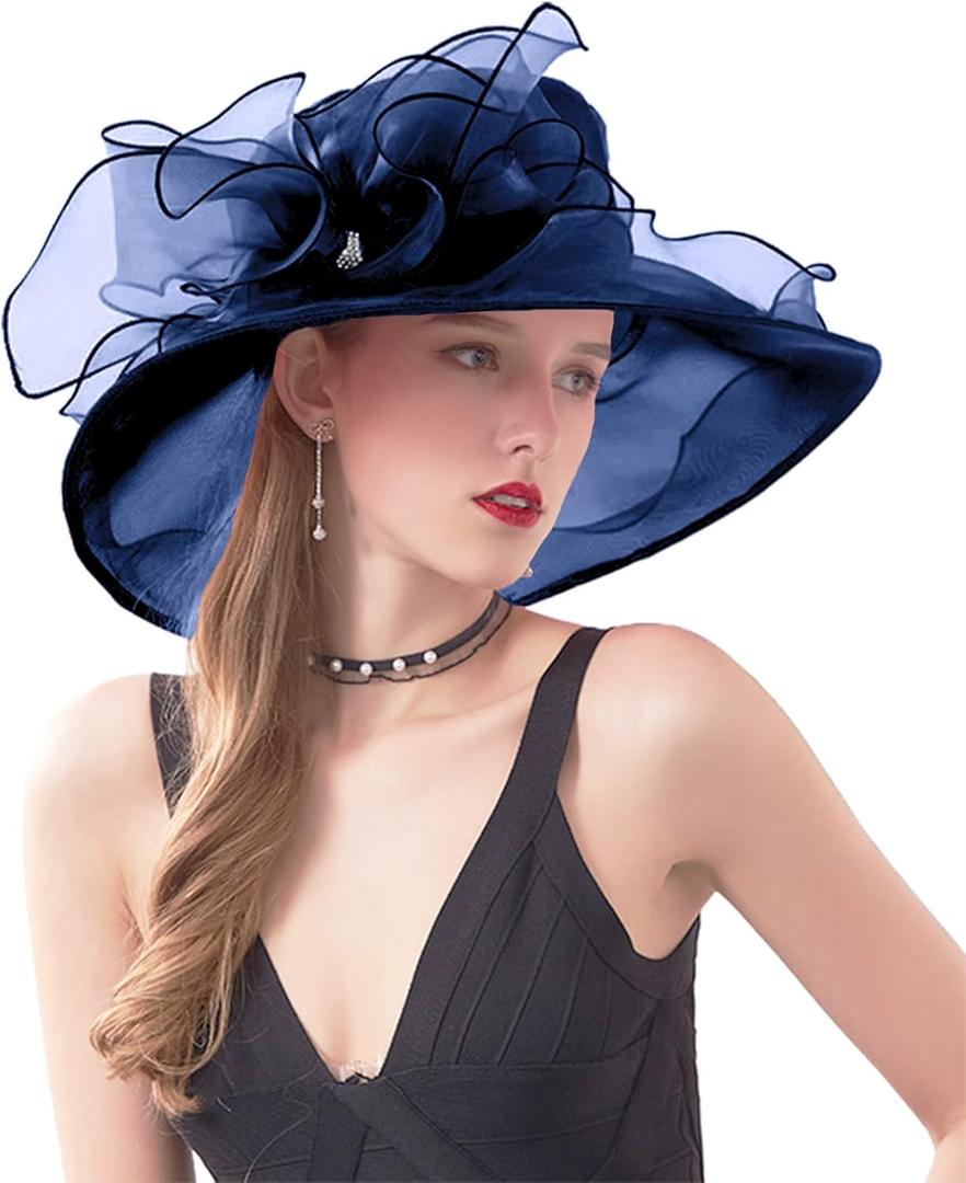 ORIDOOR Womens Organza Church Tea Party Wedding Fascinator Derby Hat Wide Brim Sun Hats (One Size, E1-navy Blue)