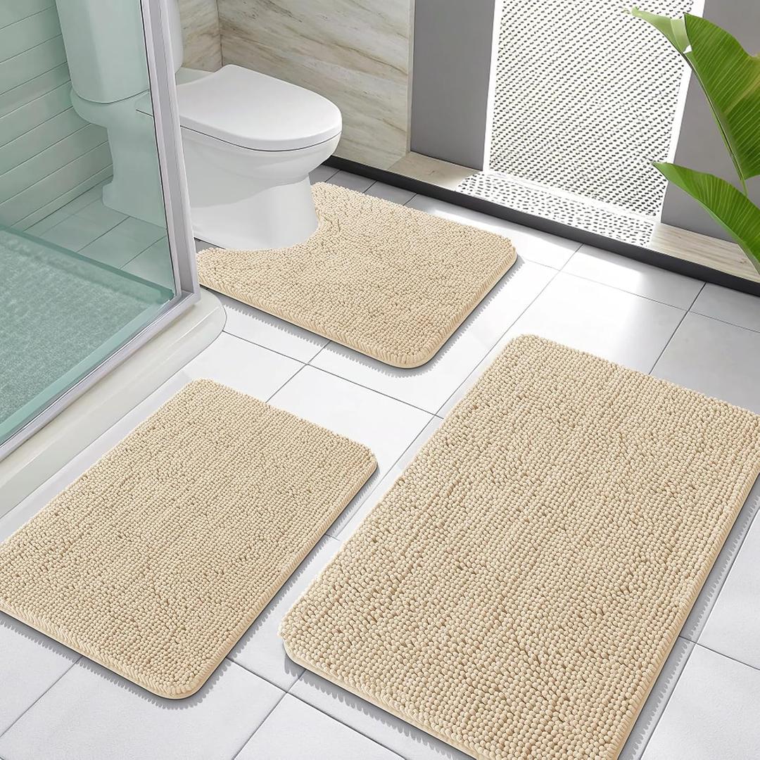 OLANLY Bathroom Rugs Sets 3 Piece, Soft Absorbent Chenille Bath Mats and U-Shaped Contour Toilet Rug, Quick Dry, Home Decor Accessories, Bath Mat Set for Bathroom (30"x20"+24"x16"+24"x20", Beige)