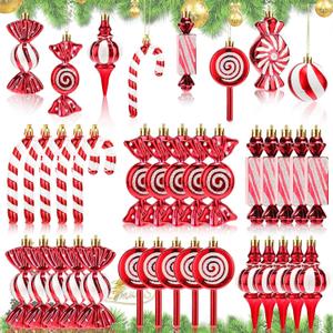 Sliner 48 Pcs Christmas Candy Ornament 3.6''-5.7'' Glitter Candy Cane Peppermint Ornament Bulk Plastic Hanging Lollipop Swirl Decorations with Rope for Xmas Tree Party Favors