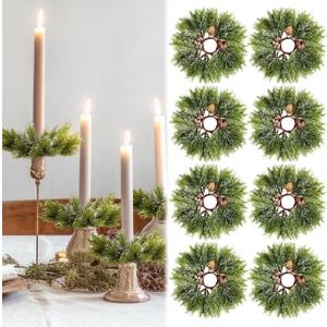8 Pack Christmas Pine Cones Taper Candle Rings Wreaths Decorations 1.38 Inch Mini Pine Taper Candle Holder Wreaths for Xmas Holiday Church Home Table Centerpiece Candlesticks Decor