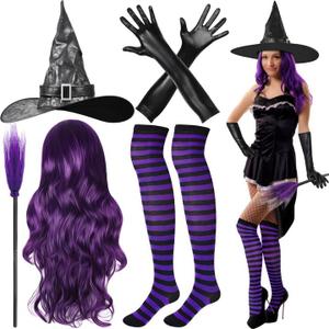Olgaa 5 Pcs Womens Halloween Witch Costumes Set 2025 Adult Wig Hats Broom Gloves Stockings for Girl Party Cosplay Accessories (Purple)