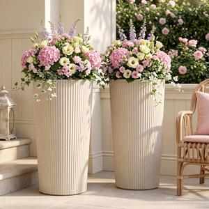 24" Tall Planters for Outdoor Plants with Insert, Set of 2 Cream, 13 W"*9.4 W"*23.6" H