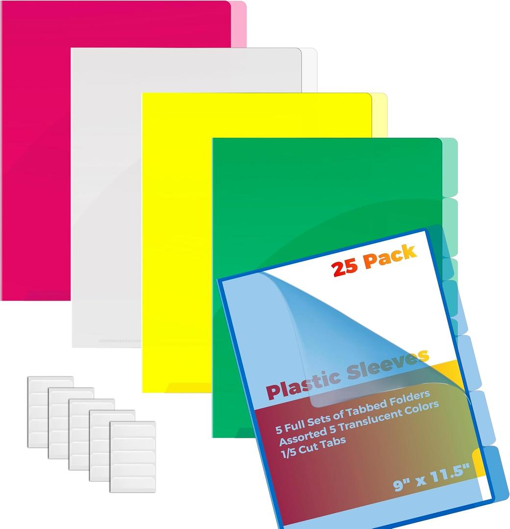 Better Office Products Poly Project Document Pockets, 25 Pack, 1/5 Cut Tabs, Plastic File Jacket Sleeves for Letter Size Paper, 5 Translucent Colors, 5 Full Sets of Tabbed Folders
