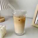 Glass Tumbler Stripe Glass Cup Coffee Cup With Lid and Straw LIDS DON'T SECURE 12.5 oz Drinking Glasses for Water,Iced Coffee,Milk,Tea,Juice (A-Stripe)